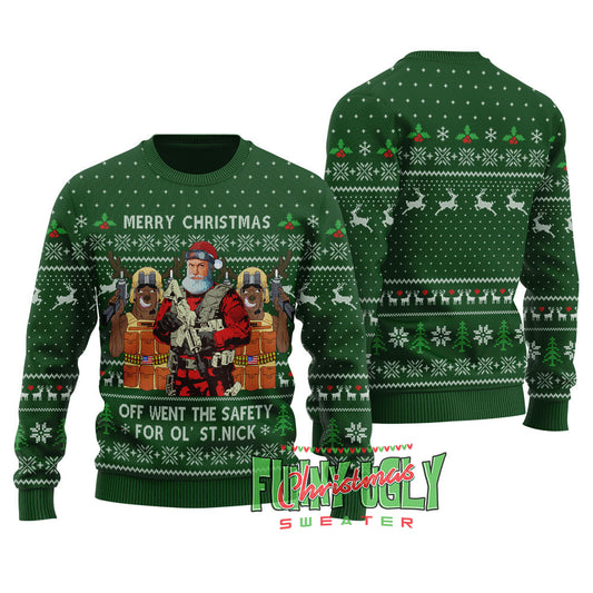 Funny Tactical Santa Ugly Christmas Sweater Forest Green