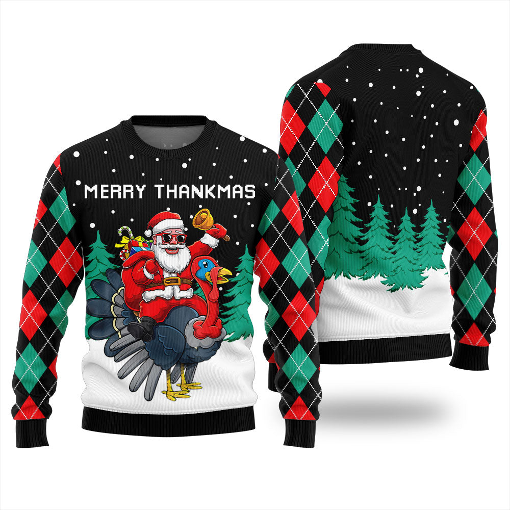 Funny Thanksgiving Merry Thankmas Ugly Xmas Sweater Black