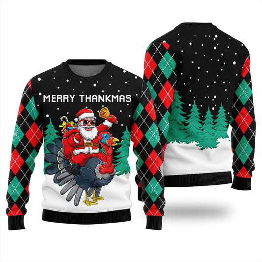 Funny Thanksgiving Merry Thankmas Ugly Xmas Sweater Black