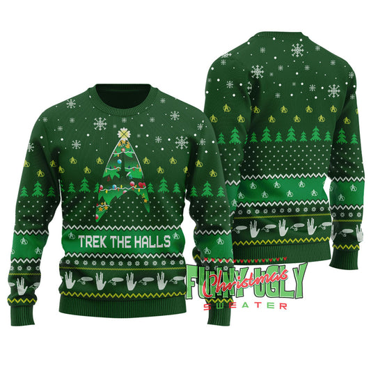 Funny Trek The Hall Ugly Christmas Sweater Forest Green