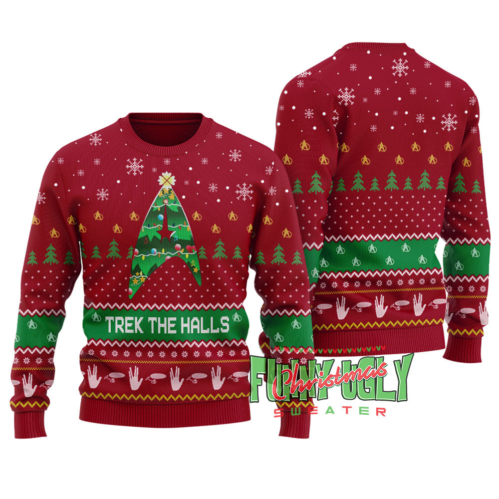 Funny Trek The Hall Ugly Christmas Sweater Cardinal Red