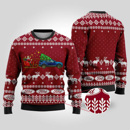 Funny Ugly Christmas Sweater Ford Car Cardinal Red - Funny Ugly Christmas Sweater