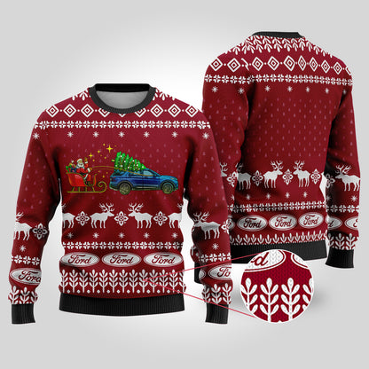 Funny Ugly Christmas Sweater Ford Car Cardinal Red - Funny Ugly Christmas Sweater
