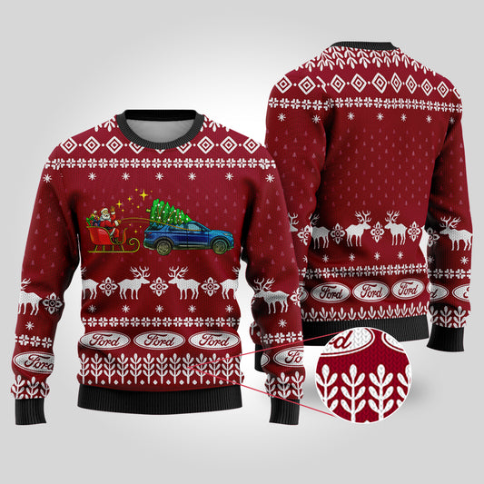 Funny Ugly Christmas Sweater Ford Car Cardinal Red - Funny Ugly Christmas Sweater