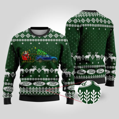 Funny Ugly Christmas Sweater Ford Car Forest Green - Funny Ugly Christmas Sweater