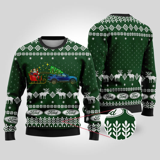 Funny Ugly Christmas Sweater Ford Car Forest Green - Funny Ugly Christmas Sweater