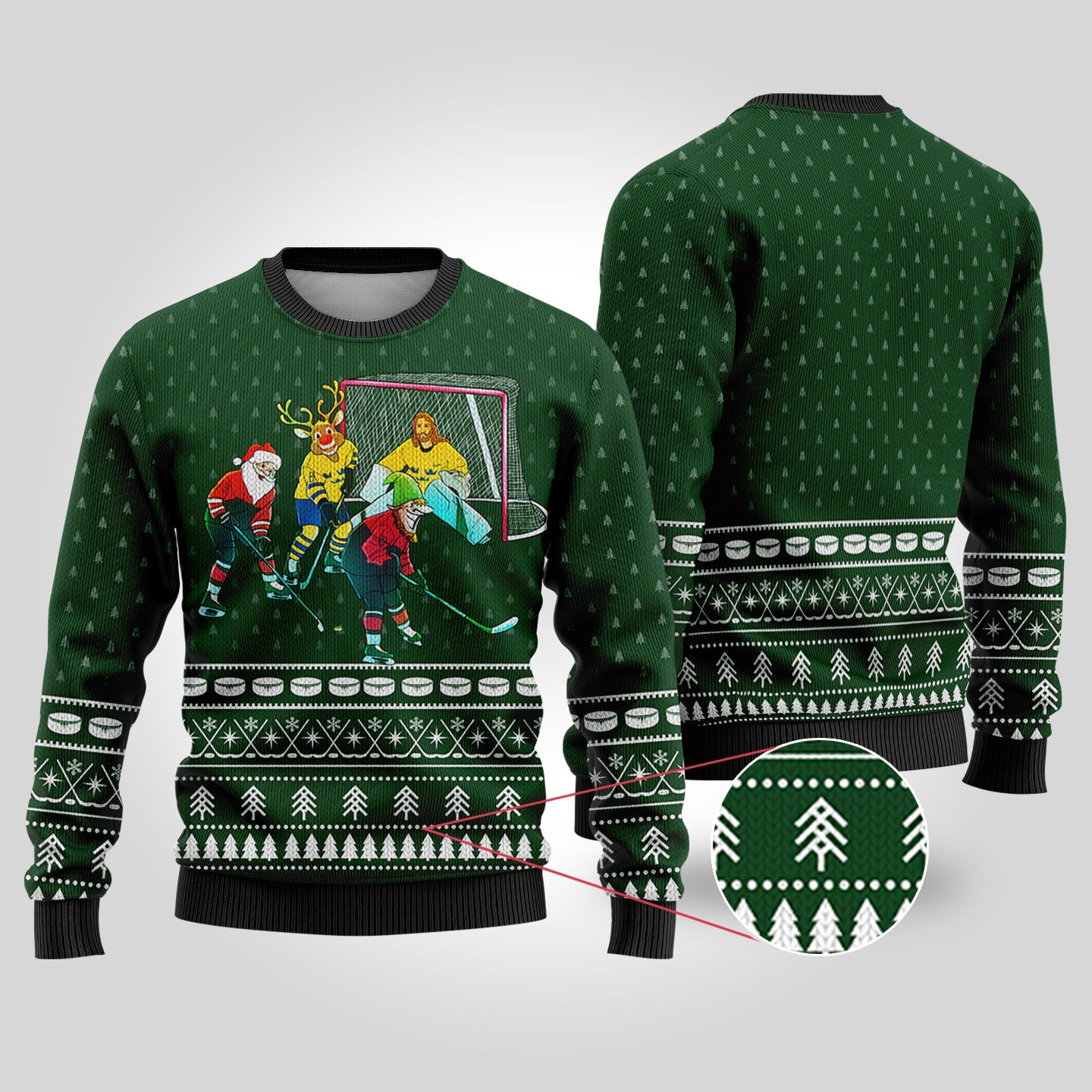 Funny Ugly Christmas Sweater Hockey Hobby Forest Green - Funny Ugly Christmas Sweater