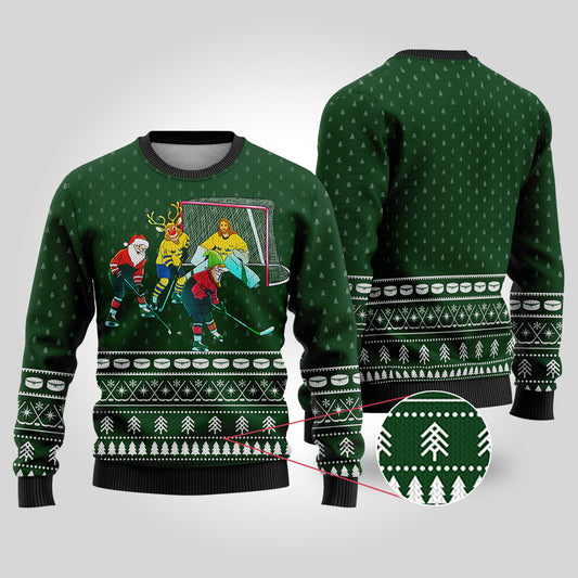 Funny Ugly Christmas Sweater Hockey Hobby Forest Green - Funny Ugly Christmas Sweater