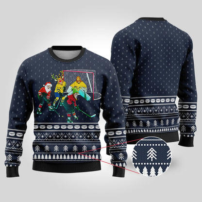 Funny Ugly Christmas Sweater Hockey Hobby Navy - Funny Ugly Christmas Sweater