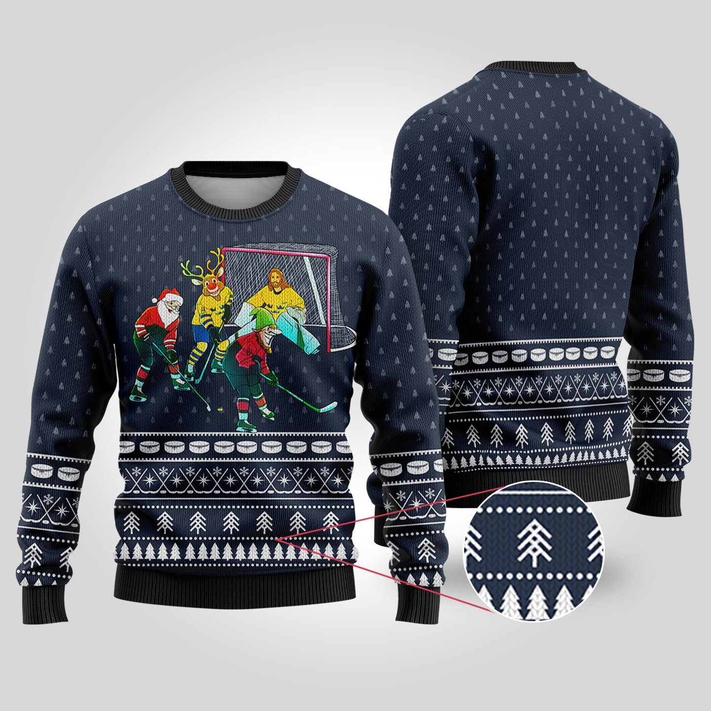 Funny Ugly Christmas Sweater Hockey Hobby Navy - Funny Ugly Christmas Sweater