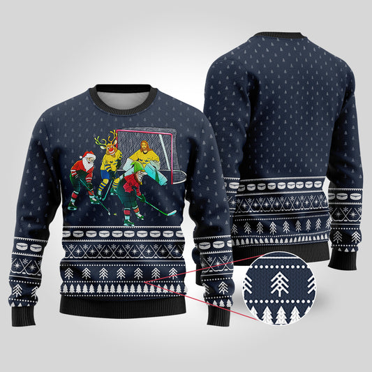 Funny Ugly Christmas Sweater Hockey Hobby Navy - Funny Ugly Christmas Sweater