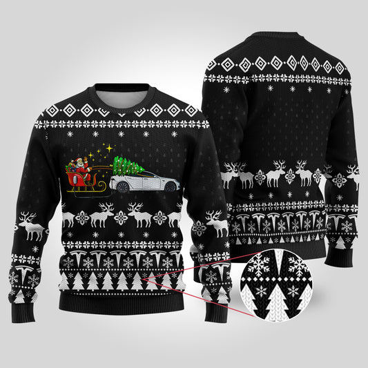 Funny Ugly Christmas Sweater Testla Car Black - Funny Ugly Christmas Sweater