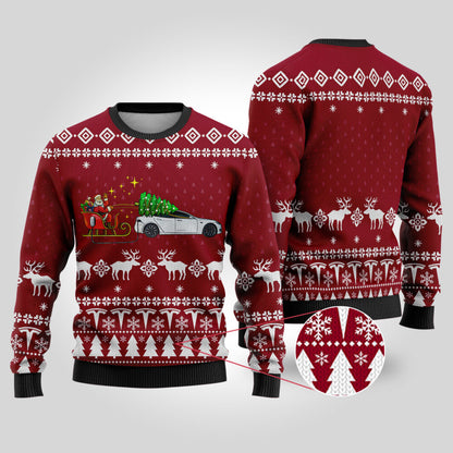 Funny Ugly Christmas Sweater Testla Car Cardinal Red - Funny Ugly Christmas Sweater