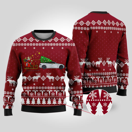 Funny Ugly Christmas Sweater Testla Car Cardinal Red - Funny Ugly Christmas Sweater