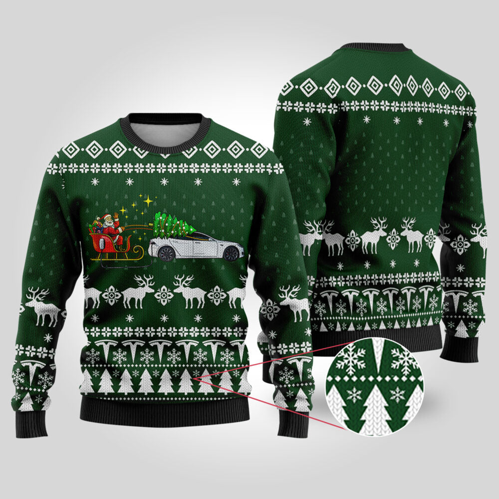 Funny Ugly Christmas Sweater Testla Car Forest Green - Funny Ugly Christmas Sweater