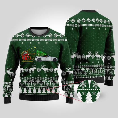 Funny Ugly Christmas Sweater Testla Car Forest Green - Funny Ugly Christmas Sweater
