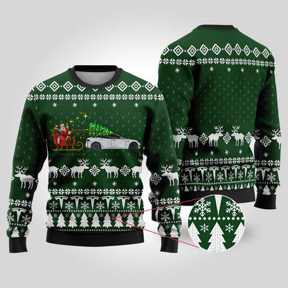 Funny Ugly Christmas Sweater Testla Car Forest Green - Funny Ugly Christmas Sweater