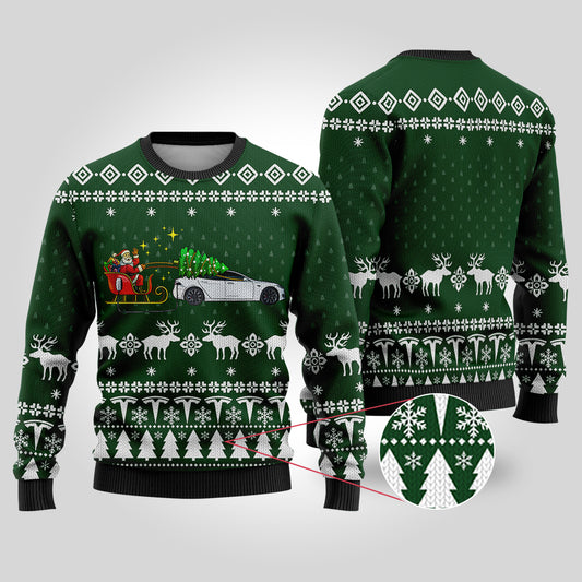 Funny Ugly Christmas Sweater Testla Car Forest Green - Funny Ugly Christmas Sweater