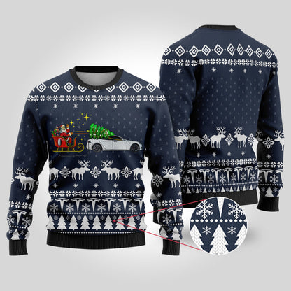 Funny Ugly Christmas Sweater Testla Car Navy - Funny Ugly Christmas Sweater