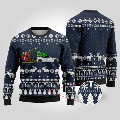 Funny Ugly Christmas Sweater Testla Car Navy - Funny Ugly Christmas Sweater