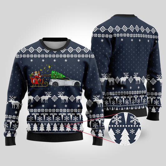 Funny Ugly Christmas Sweater Testla Car Navy - Funny Ugly Christmas Sweater