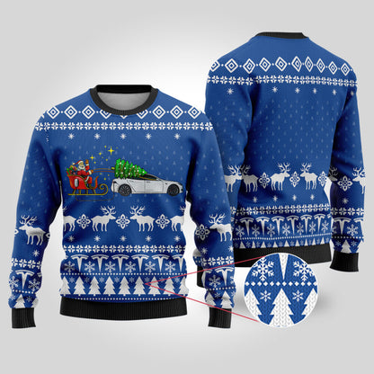 Funny Ugly Christmas Sweater Testla Car Royal - Funny Ugly Christmas Sweater