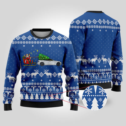 Funny Ugly Christmas Sweater Testla Car Royal - Funny Ugly Christmas Sweater