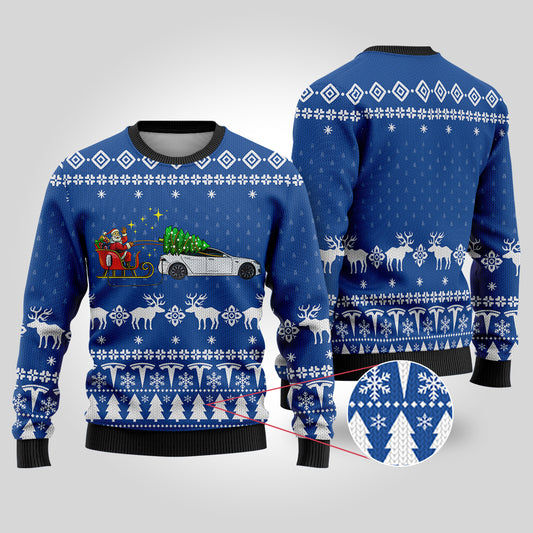 Funny Ugly Christmas Sweater Testla Car Royal - Funny Ugly Christmas Sweater