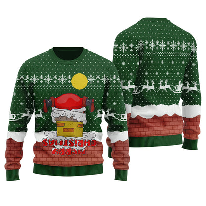 Funny Upside Down Merry Christmas Ugly Christmas Sweater Forest Green