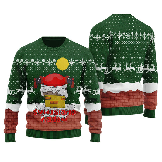 Funny Upside Down Merry Christmas Ugly Christmas Sweater Forest Green
