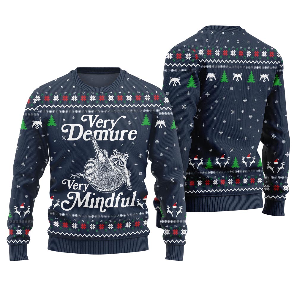 Funny Very Demure Very Mindful Racoon Ugly Sweater Navy