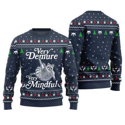 Funny Very Demure Very Mindful Racoon Ugly Sweater Navy