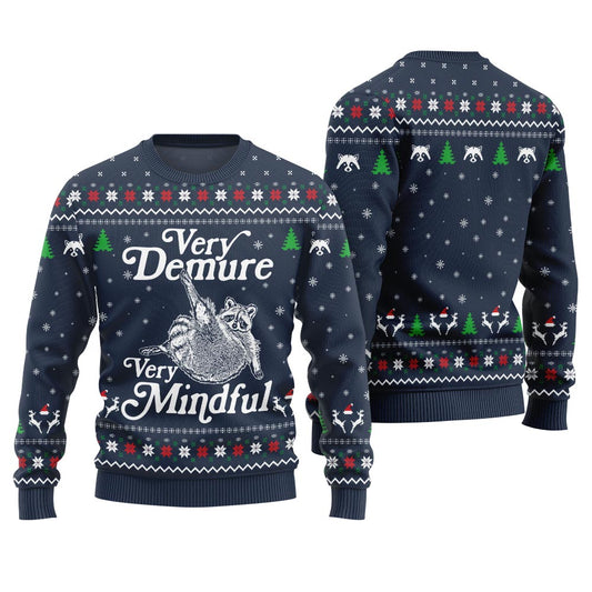 Funny Very Demure Very Mindful Racoon Ugly Sweater Navy