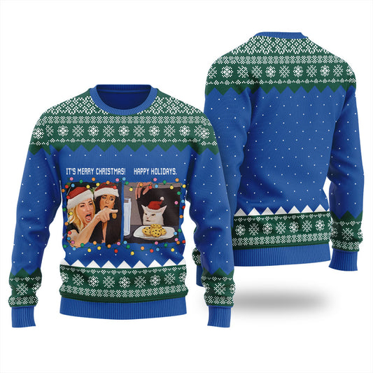 Funny Woman Yelling At A Cat Meme Men's Ugly Sweater