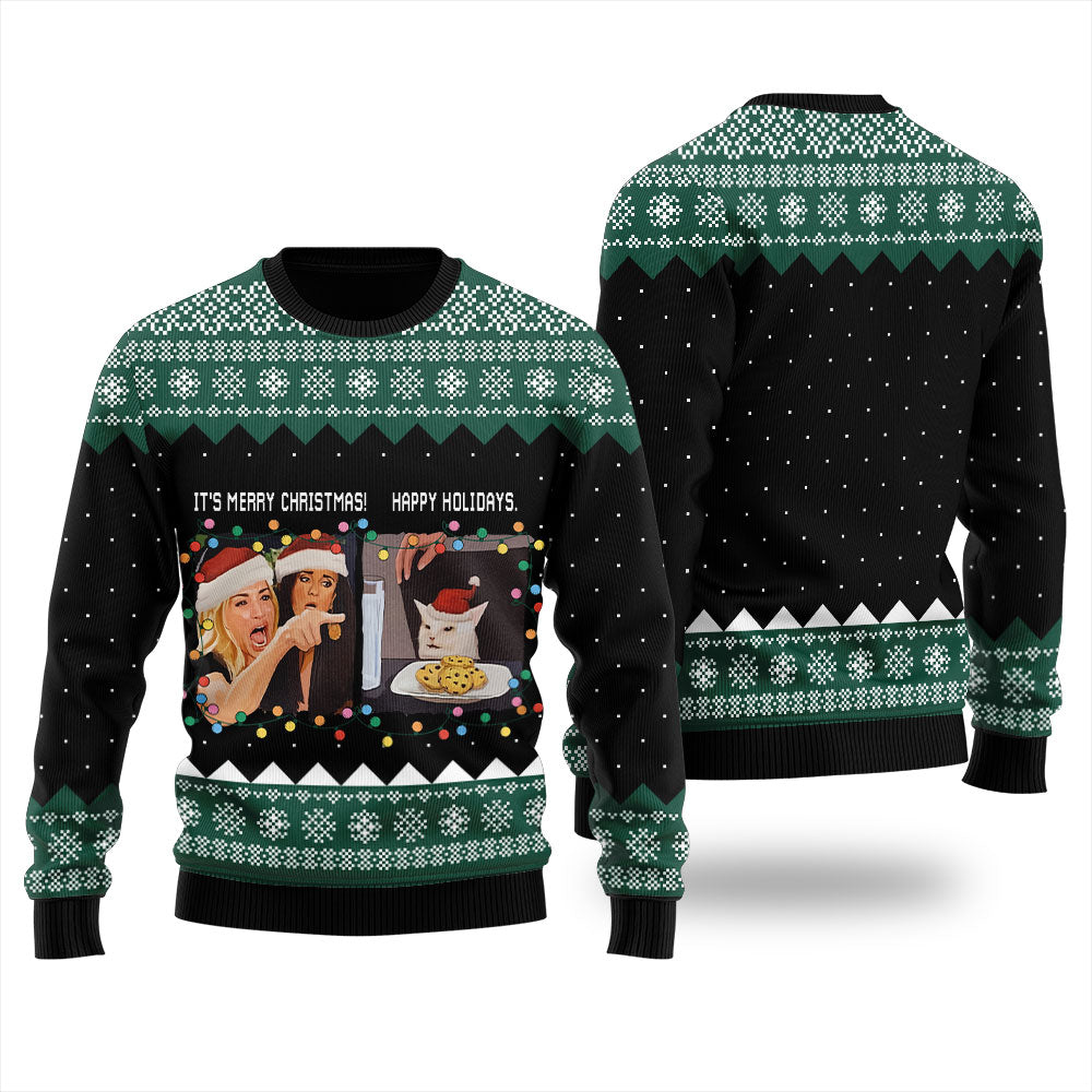 Funny Woman Yelling At A Cat Meme Men's Ugly Sweater