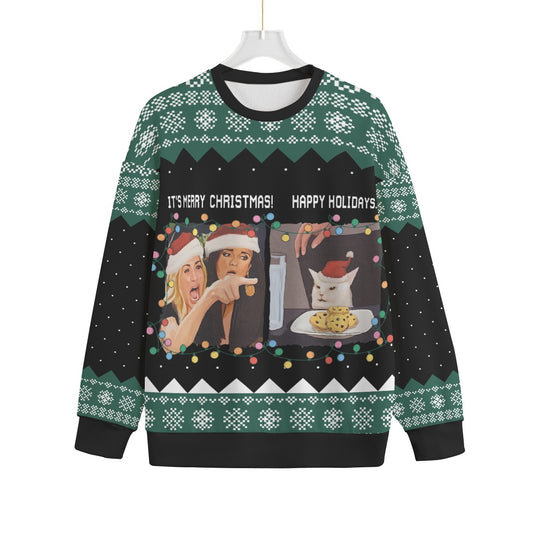 Funny Woman Yelling At A Cat Meme Plus Size Christmas Sweater Adults