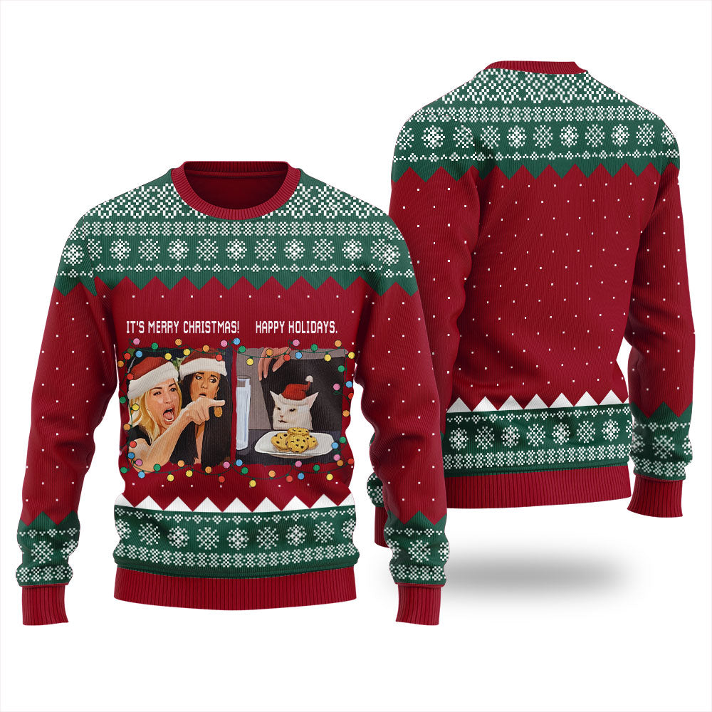 Funny Woman Yelling At A Cat Meme Women's Ugly Sweater