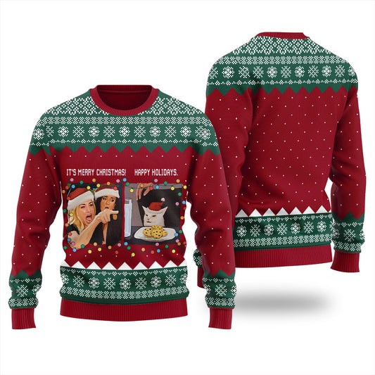 Funny Woman Yelling At A Cat Meme Women's Ugly Sweater