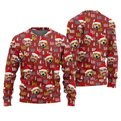 Funny Xmas Custom Face And Pet Ugly Sweater Cardinal Red