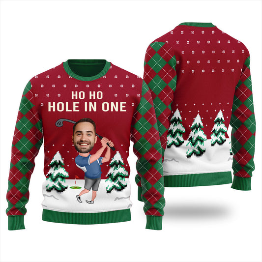 Funny Custom Face Golf Player Christmas Sweater Red