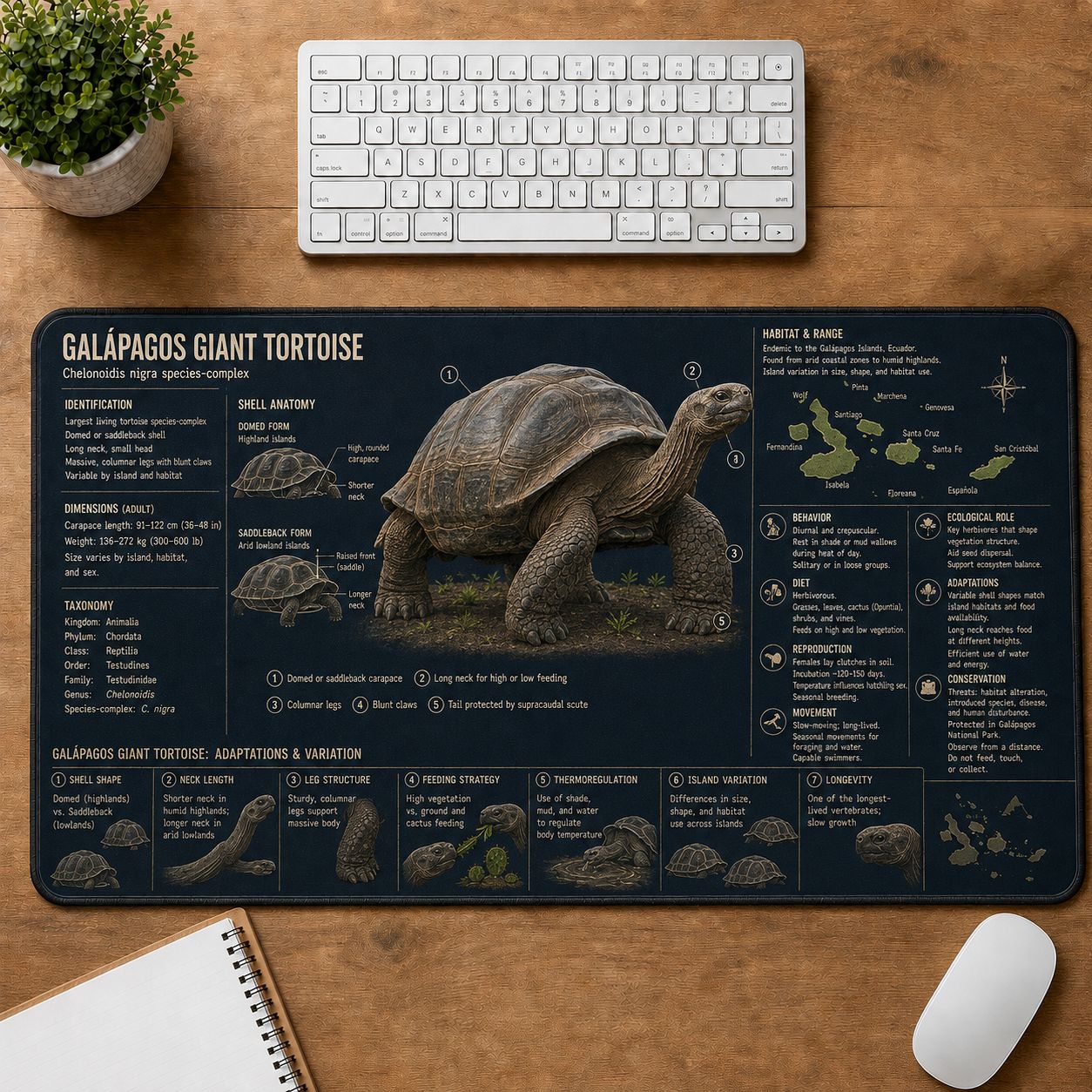 Galapagos Giant Tortoise Turtle and Tortoise Species Guide Desk Mat | 5To9Vibe