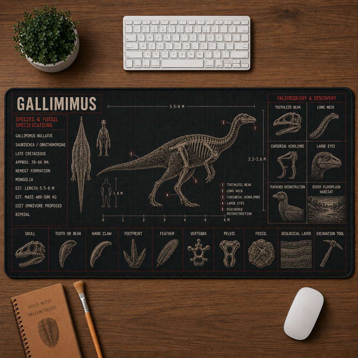Gallimimus Dinosaur Blueprint Desk Mat | 5To9Vibe