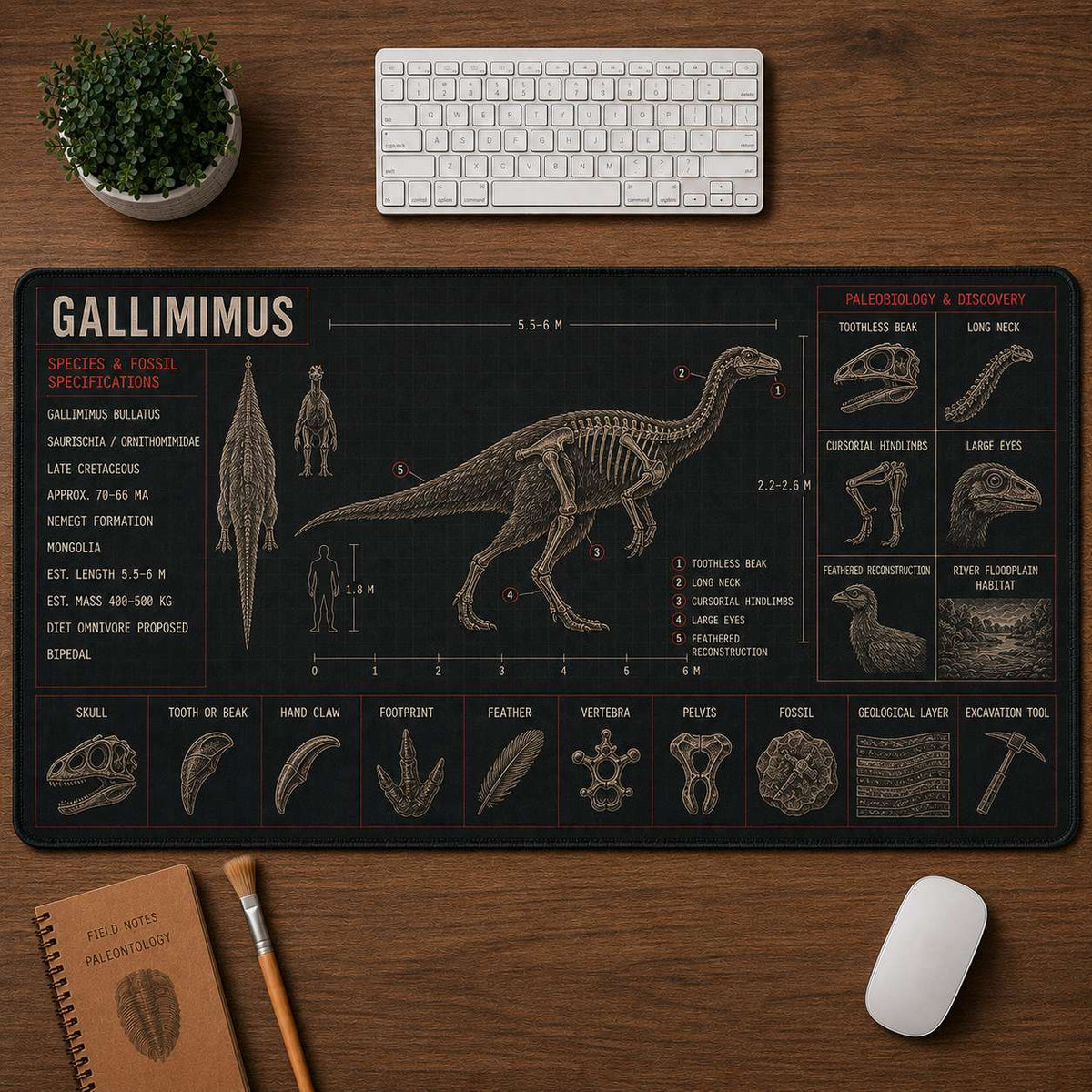 Gallimimus Dinosaur Blueprint Desk Mat | 5To9Vibe