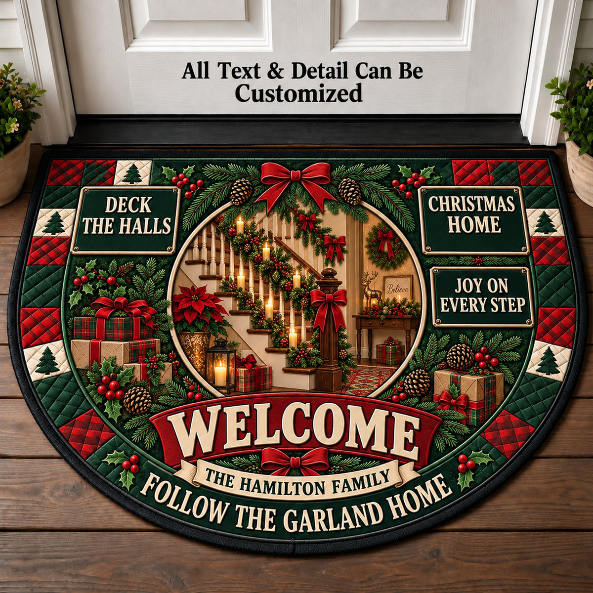 Garland On The Staircase Personalized Half Round Mat | 5To9Vibe