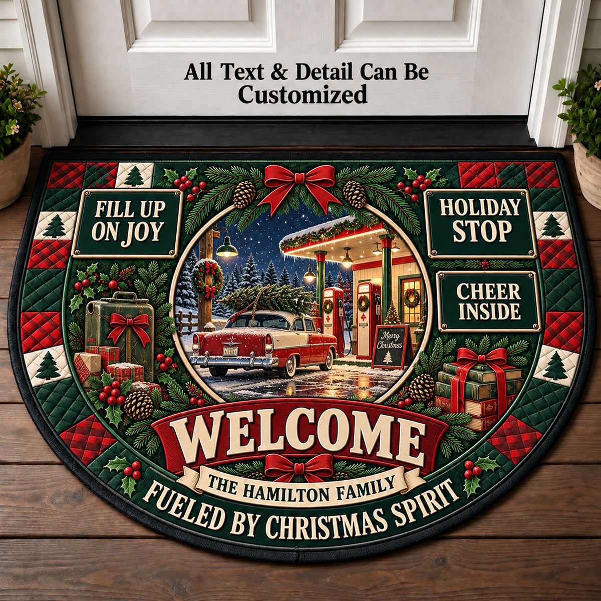 Gas Station Christmas Personalized Half Round Mat | 5To9Vibe