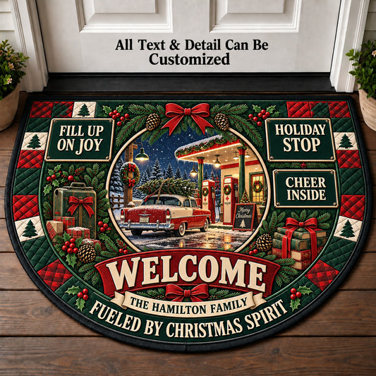 Gas Station Christmas Personalized Half Round Mat | 5To9Vibe