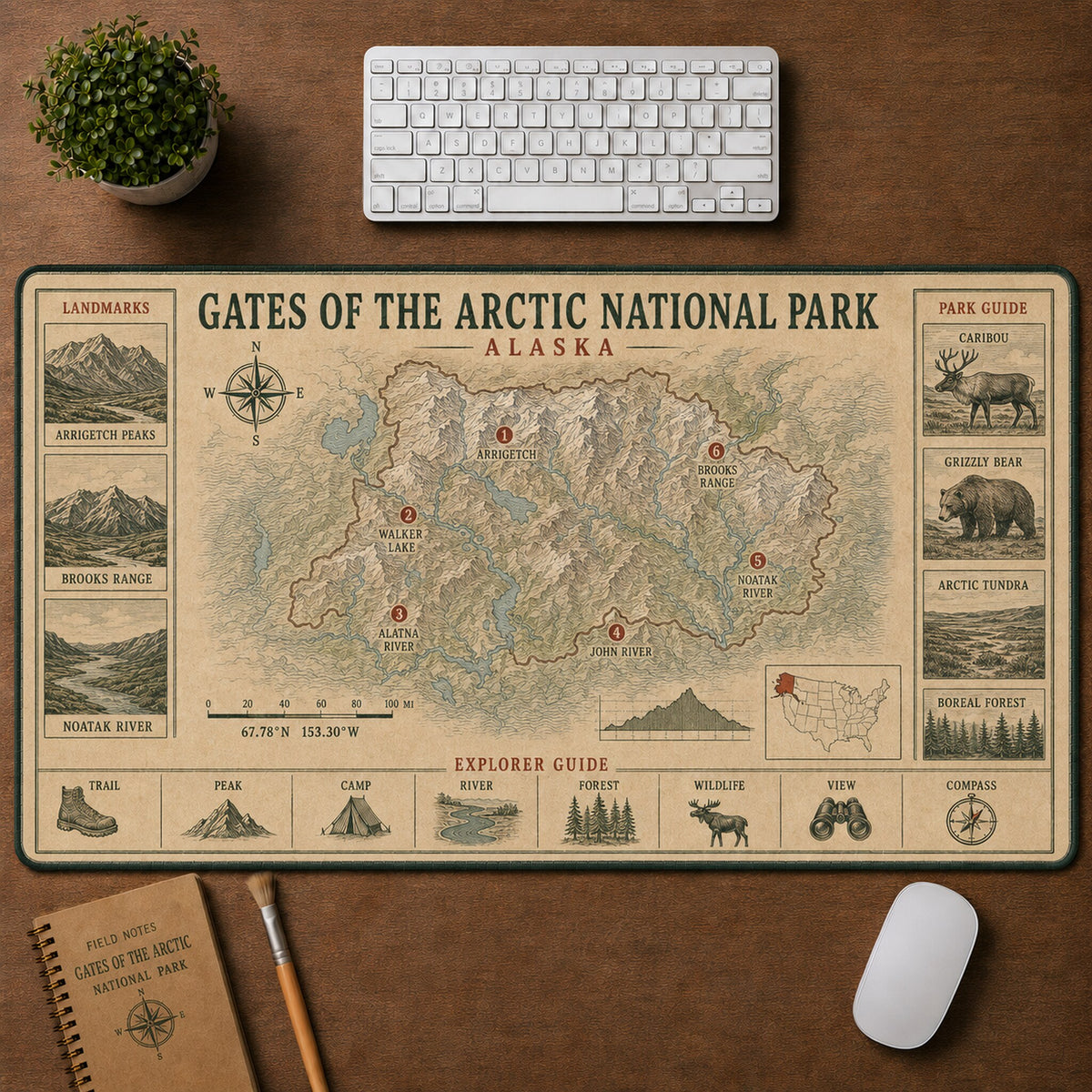 Gates of the Arctic National Park Vintage Topographic Park Map Explorer Guide Desk Mat | 5To9Vibe