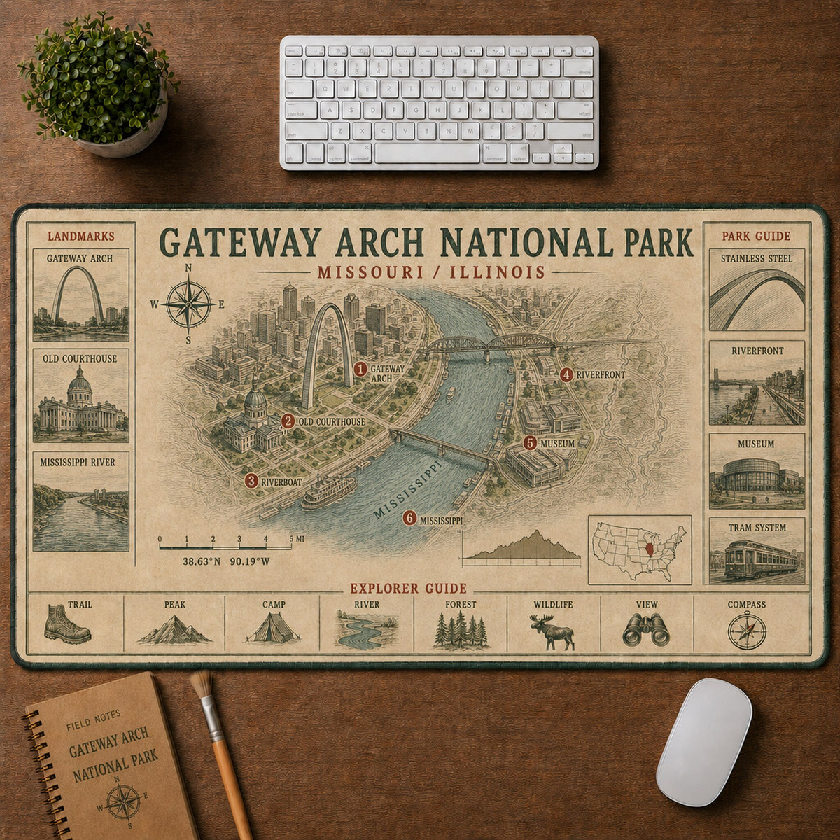 Gateway Arch National Park Vintage Topographic Park Map Explorer Guide Desk Mat | 5To9Vibe