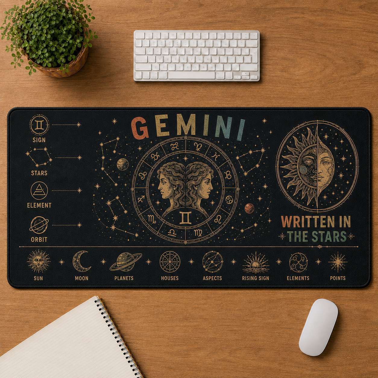 Zodiac Wheel Hippie Desk Mat Mouse Pad | 5To9Vibe - Gemini style