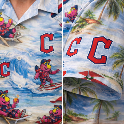 Camisa hawaiana unisex abotonada "Viber" de CG Baseball con mascota de playa para hombre y mujer